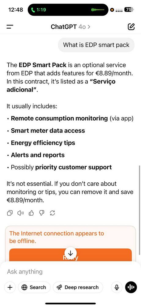 A screenshot of a ChatGPT conversation discussing the EDP Smart Pack service and its features.