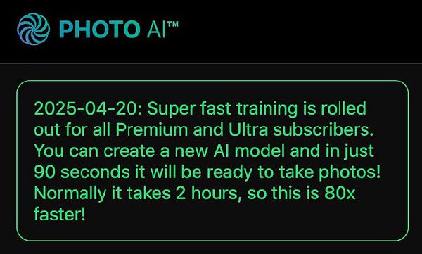 The image displays an announcement about a new AI training feature for a photo application.