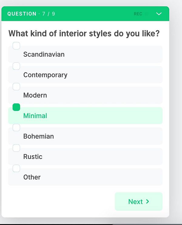 A survey form asking about preferred interior styles with clickable checkboxes.