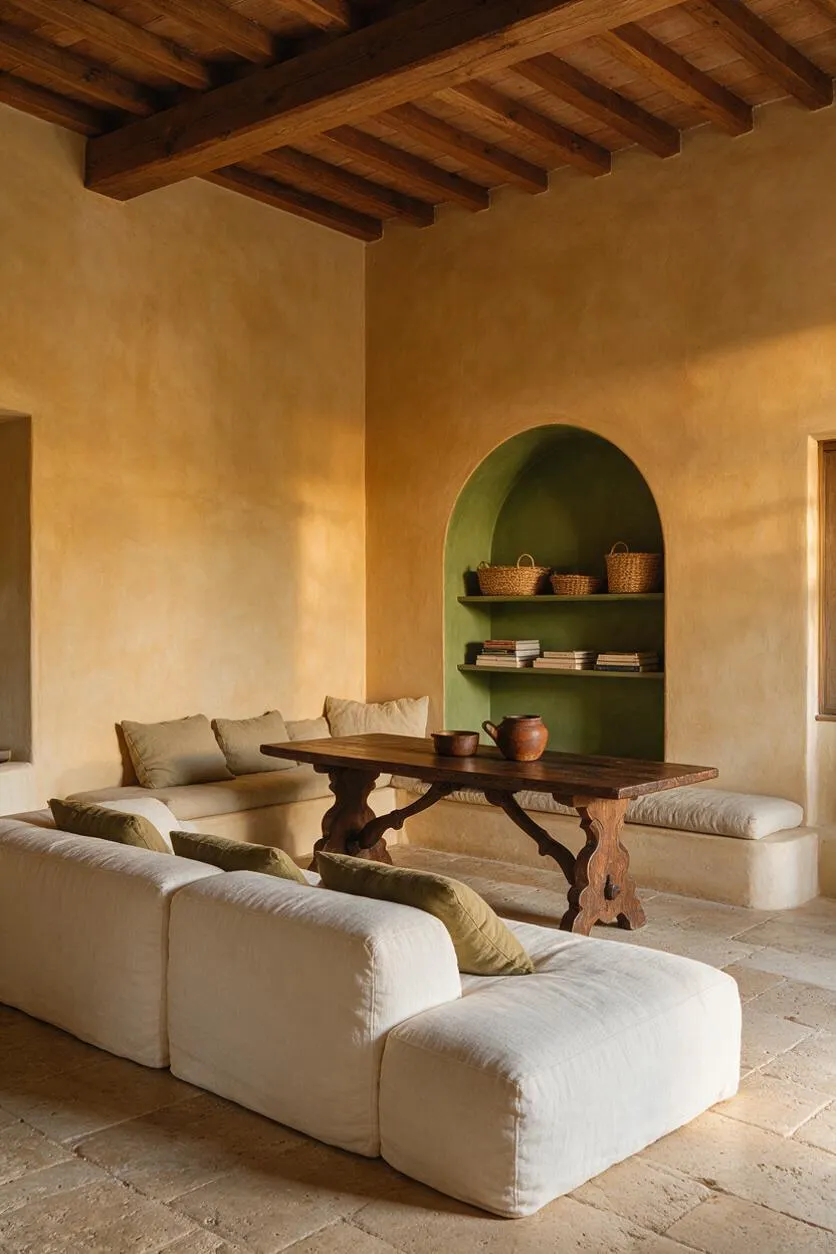 A Mediterranean-style living room with plaster walls, exposed wooden ceiling beams, and a large arched wall niche painted sage green. Cream-colored sectional sofas surround a rustic dark wood table, while woven baskets and stacked books sit on the open shelves.