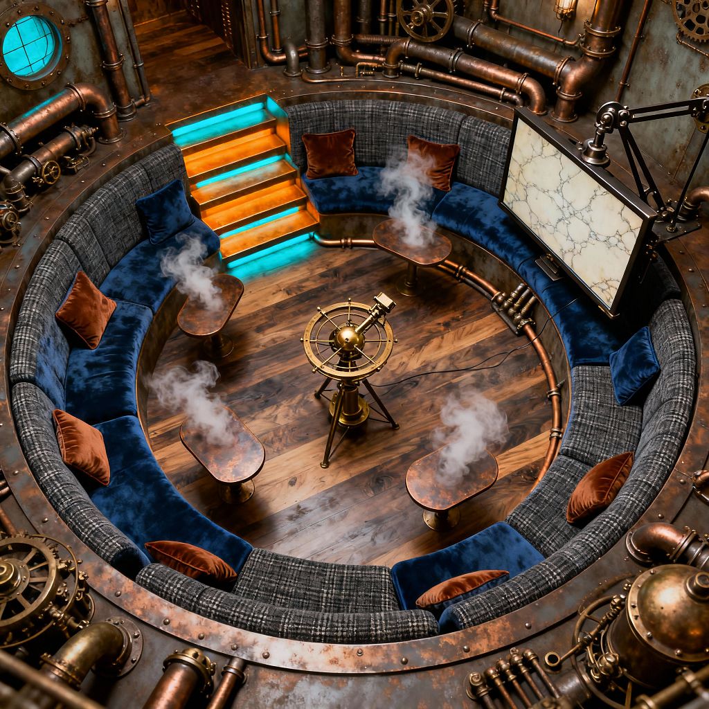 A circular, sunken media lounge surrounds a walnut floor with a curved banquette upholstered in charcoal plaid and deep navy velvet cushions accented by rust pillows. Riveted copper walls with exposed pipes and gears frame a teal glass porthole, turquoise-lit copper steps, a brass orrery-style centerpiece, oval wood-and-copper side tables, a pivoting screen on a brass arm, and wisps of theatrical steam.