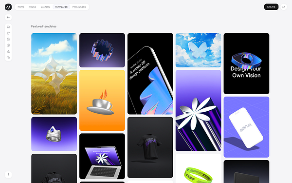 The image displays a grid of featured templates from Morflax Studio v2, showcasing various 3D designs and mockups.