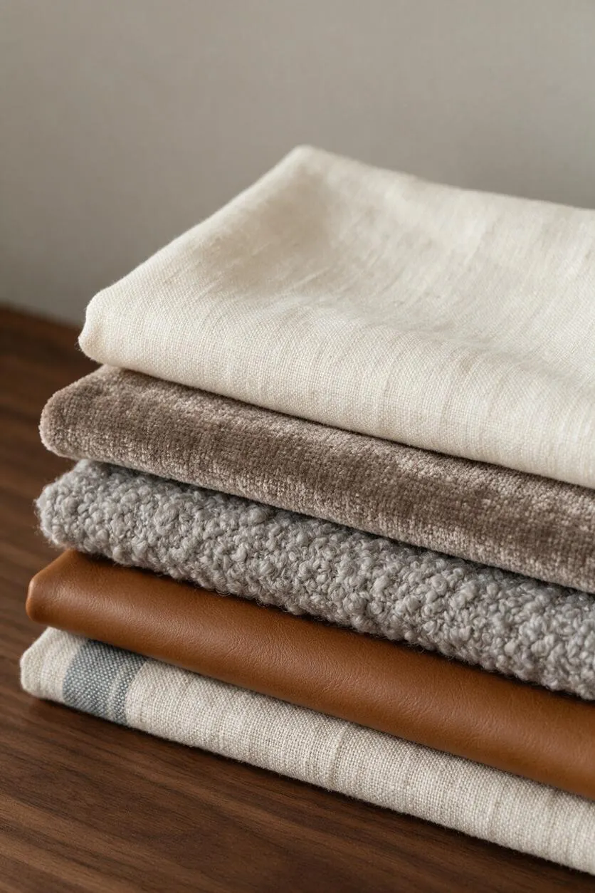 A close-up stack of folded interior textiles in neutral tones sits on a dark wood surface. The fabrics include soft ivory, taupe, gray boucle, caramel leather-like material, and a linen blend with subtle stripe detailing, creating a calm transitional palette.