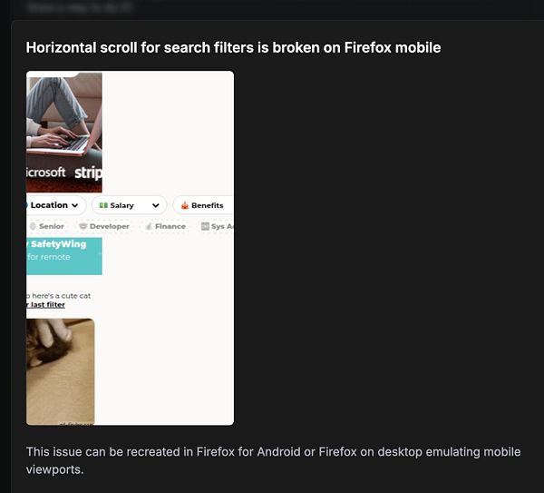 The image displays a screenshot of a web interface showing a bug with horizontal scrolling on Firefox mobile.