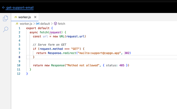 The image displays a code snippet from a JavaScript file named 'worker.js' that handles HTTP requests.