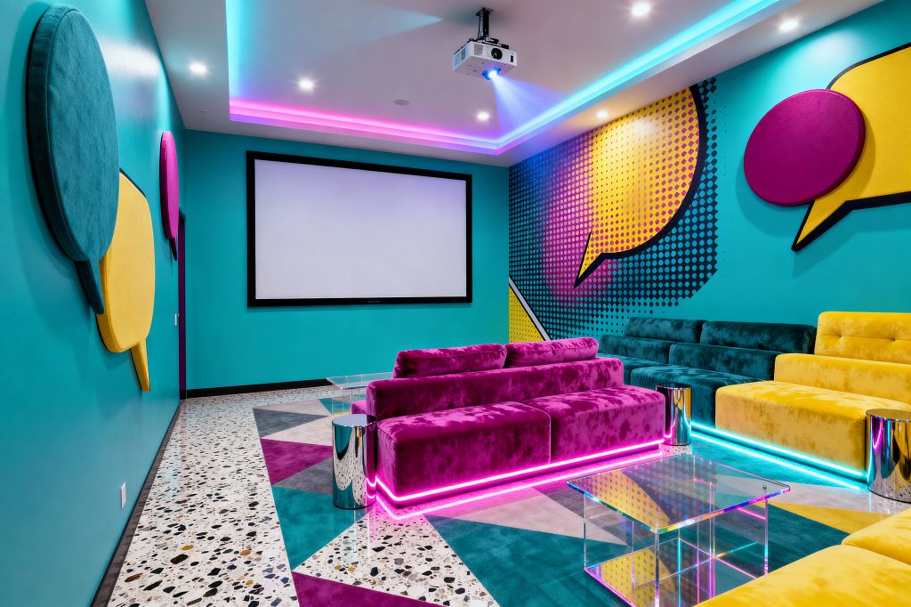 A media room with bright teal walls features oversized upholstered speech-bubble panels and a comic halftone mural. Tiered velvet sofas in magenta, teal, and yellow face a wall-mounted projection screen, with pink and aqua LED strips under the seats and in ceiling coves. The floor combines terrazzo with a geometric area rug, while clear acrylic coffee tables and polished chrome cylinder side tables sit between the seating.