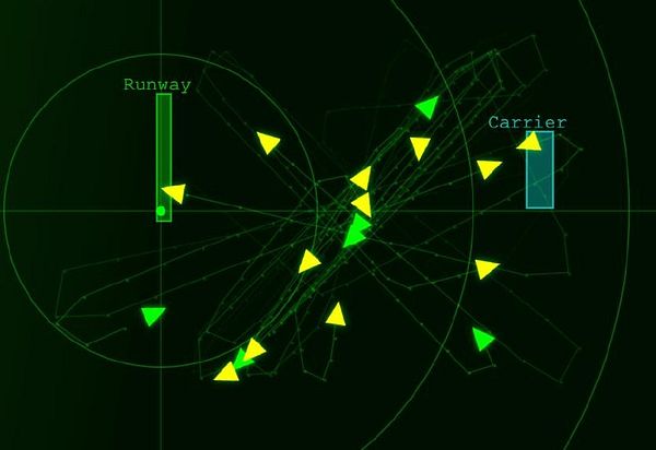 Top-down view of a digital simulation showing blue AI planes flying over a green field with white boundary lines.