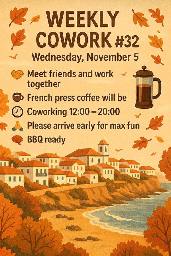 A colorful poster promoting a weekly coworking event with a scenic coastal background.