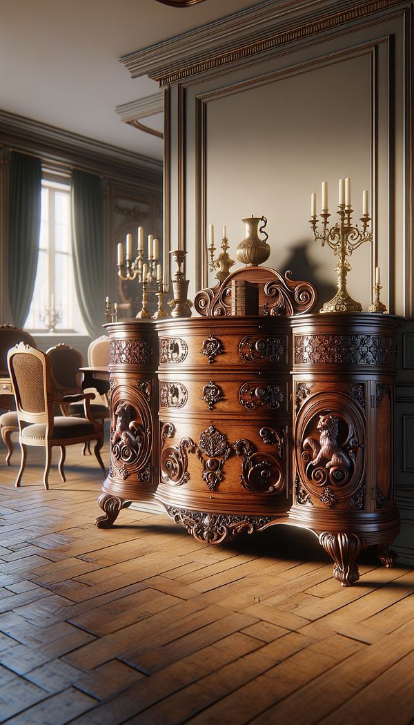 A classical wooden bowfront dresser with intricate carvings placed in an elegantly designed room, adorned with other period-appropriate furniture.
