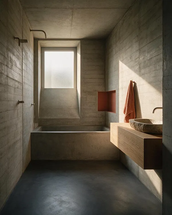 A minimalist master bathroom with raw concrete walls, ceiling, and bathtub surround, softened by a floating wood vanity and a textured stone sink. A frosted window brings in daylight, highlighting a terracotta towel and an inset wall niche with a muted red interior.