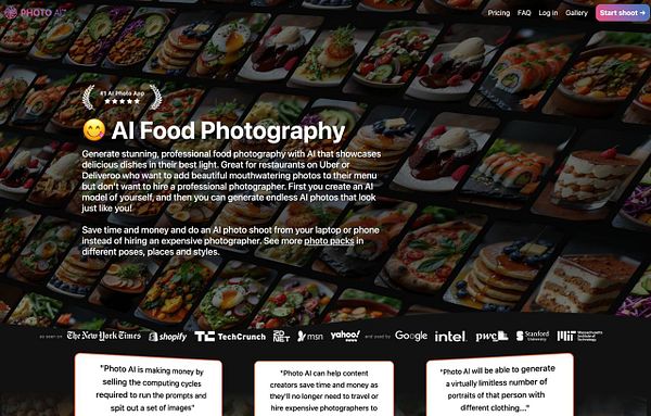 The image features a promotional interface for an AI food photography app showcasing various food images.