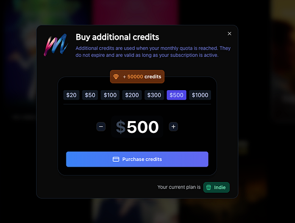 A modal window for purchasing additional credits is displayed.