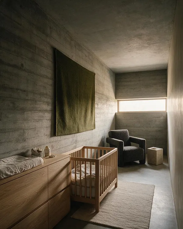 A narrow nursery with raw concrete walls and ceiling, a small wood crib on a beige rug, and a matching wood dresser with changing pad. A dark textured armchair sits near a slim window, while an olive wall hanging adds softness to the stark space.