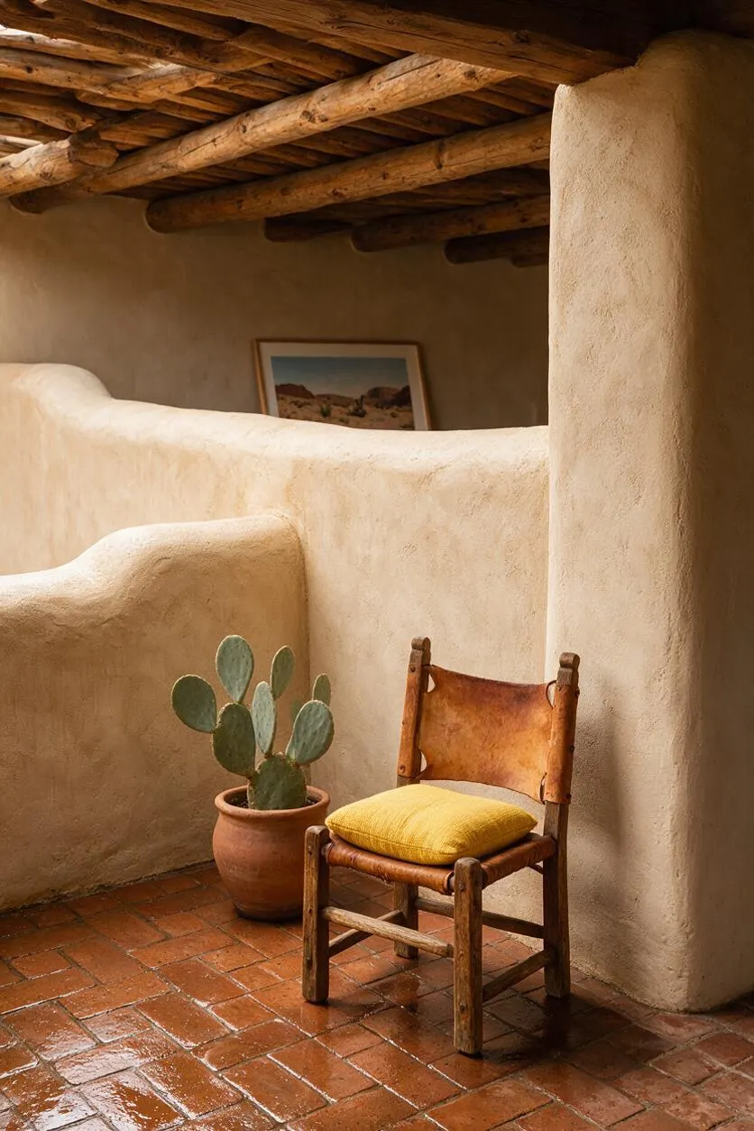 A Southwestern-style covered porch with thick adobe walls, rounded edges, and exposed wooden ceiling beams. A rustic wooden chair with a mustard cushion sits beside a terracotta pot holding a prickly pear cactus on reddish clay tile flooring.