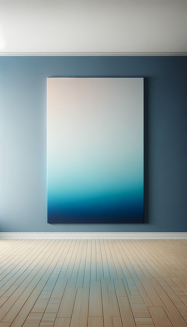 An interior wall painted with an ombre effect, transitioning from a soft baby blue at the top to a deep navy blue at the bottom, with ambient lighting highlighting the color gradient.