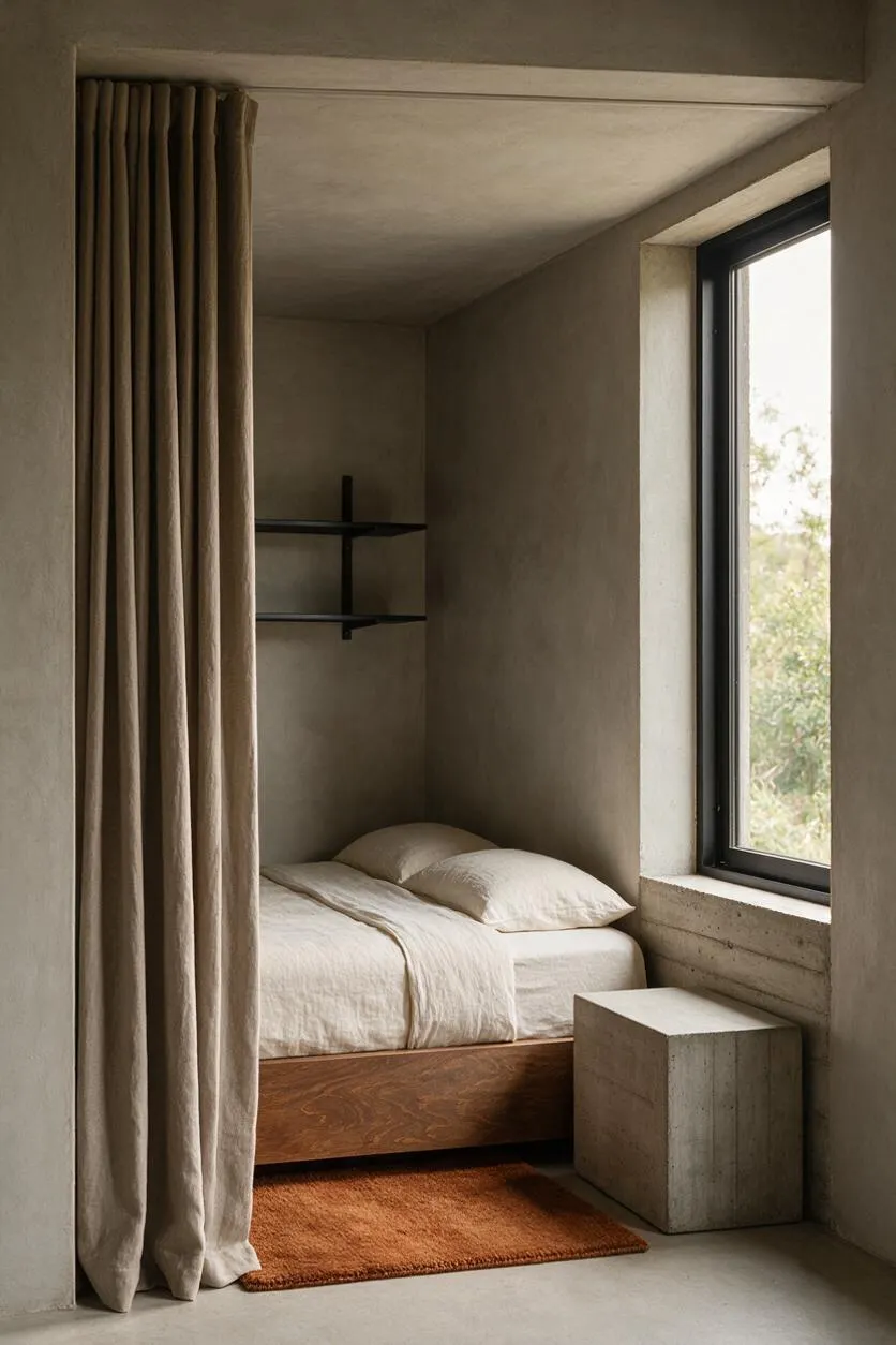 A narrow Brutalist-style bedroom with textured concrete walls and ceiling, a low wood-framed bed dressed in soft white bedding, and a beige curtain partially screening the sleeping area. A large black-framed window brings in natural light, while a small concrete cube stool and rust-colored rug add warmth.
