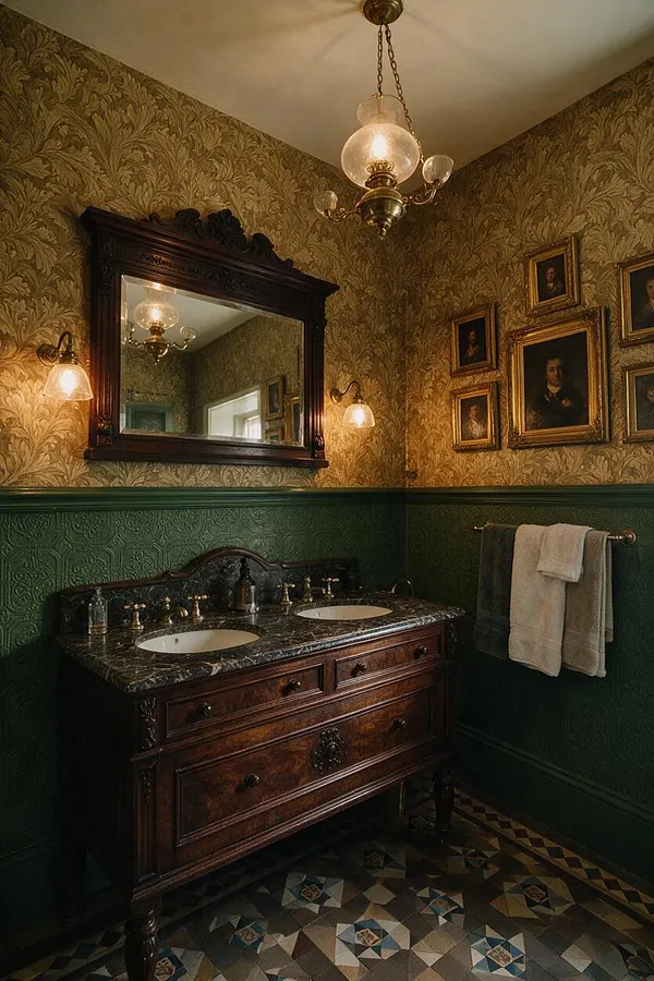 A Victorian-style master bathroom with gold patterned wallpaper above dark green wainscoting, an ornate dark wood double vanity with a black marble countertop, and a large carved mirror. Brass wall sconces and a vintage ceiling light add warm illumination, while framed portraits and patterned tile flooring enhance the historic, elegant atmosphere.
