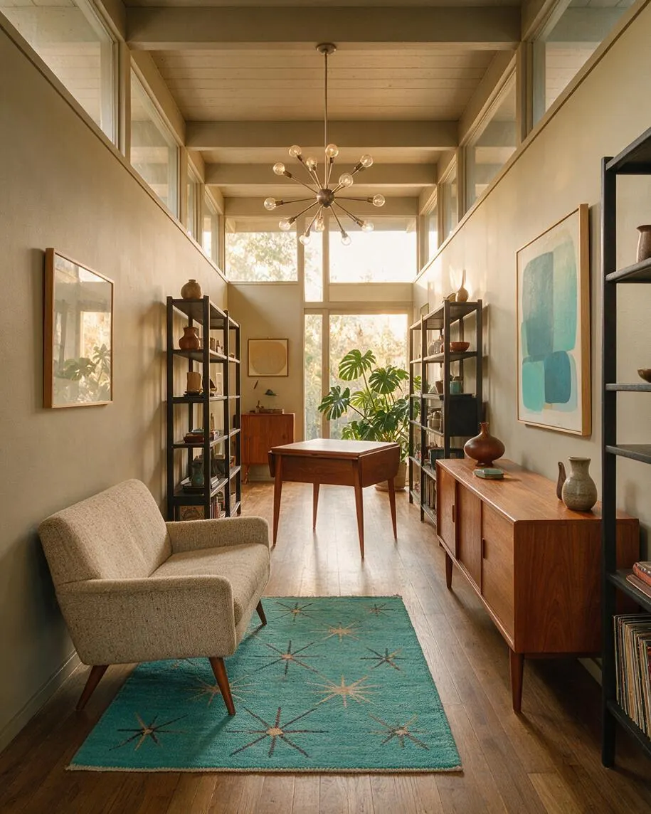 A long, narrow game room with mid-century modern furnishings, including a small wooden game table centered near tall windows, a beige upholstered lounge chair on a teal patterned rug, and walnut storage cabinets and shelving along both walls. The room has warm wood floors, cream walls, tall clerestory windows, and a starburst ceiling light that fills the space with soft natural light.