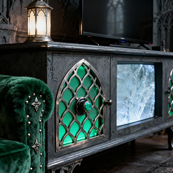 Close-up of a Gothic-style media room featuring a dark, patinated metal entertainment console with arched lattice doors lit by emerald-green interior lighting and a jewel-like knob. A green velvet chesterfield arm with nailhead and star detailing sits to the left, a lantern lamp glows warmly on the console beneath a TV, and carved tracery with textured charcoal walls completes the moody setting.