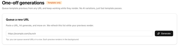 The image displays a user interface for generating one-off OG images from a URL input.