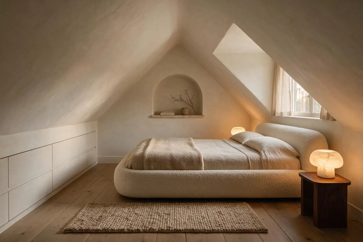 A serene attic guest bedroom with sloped white ceilings, a rounded upholstered bed in creamy bouclé, and a small wooden bedside table with a glowing stone lamp. Warm wood floors, a textured woven rug, and a recessed wall niche with decor complete the calm organic modern space.