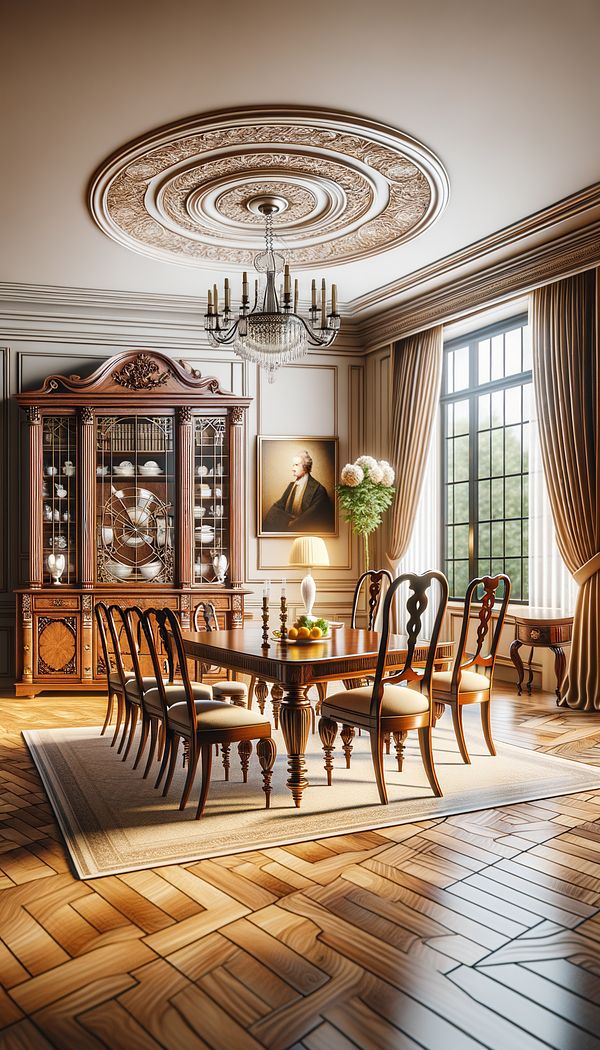 An elegantly furnished room featuring Sheraton style furniture, including a dining table, chairs, and a bookcase, all displaying slender lines, tapered legs, and classical motifs.