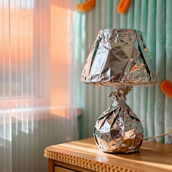 A kids’ bedside vignette shows a light wood nightstand with waffle-like trim holding a table lamp wrapped completely in crinkled silver foil, the base tied like a candy wrapper. Behind it, mint green channel-tufted velvet wall panels are dotted with fuzzy orange decorations, while sheer white curtains filter warm sunlight, casting soft reflections across the metallic lamp and tabletop.
