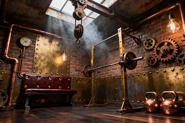 A steampunk home gym features exposed red brick walls partly clad with riveted brass panels and threaded by copper pipes. A brass-toned squat rack with iron plates sits on dark walnut flooring beside polished copper kettlebells and a burgundy leather bench, while wall-mounted gears, a vintage clock, an overhead hoist, and hanging Edison bulbs glow beneath a metal-framed skylight, with shafts of light cutting through a light haze.
