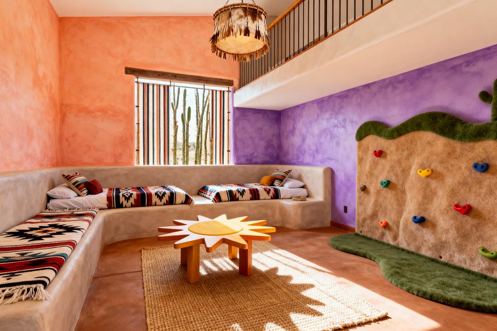 Colorful Southwestern kids' room with coral plaster walls and a purple accent wall. A curved stucco built-in daybed wraps the corner, topped with white bedding and red-black-cream patterned blankets and pillows; a jute rug and sunburst wood table sit on terracotta concrete floors; a rawhide drum pendant hangs above; at right, a textured climbing wall with faux grass edging and bright holds invites play; a window with striped shade and desert cacti filters warm light.