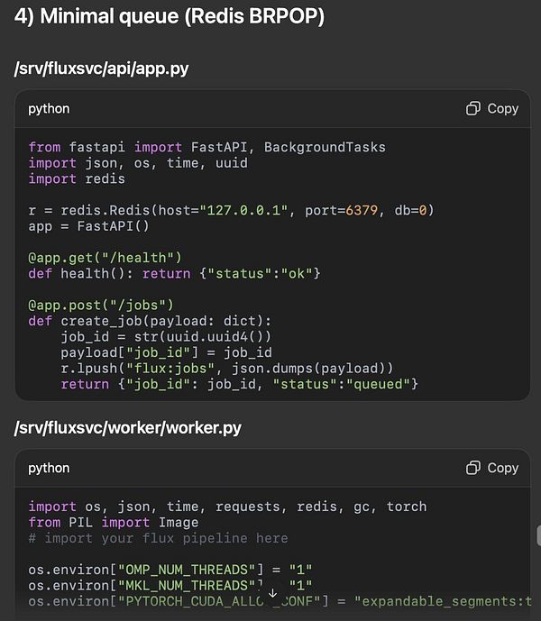 The image displays a code snippet for a minimal Redis queue implementation in Python, focusing on API and worker separation.