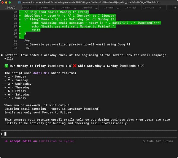 The image displays a terminal window showing a script for scheduling email campaigns.