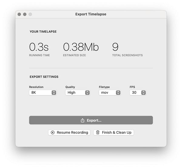 The image displays an export screen for a timelapse video editing application.