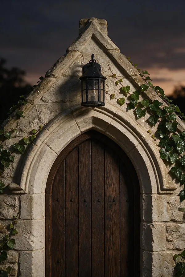 A small Gothic-style stone exterior features a pointed arched doorway framed in textured pale stone, with a dark wooden plank door and a black metal lantern centered above the arch. Ivy trails along both sides, while a moody dusk sky creates a dramatic, historic atmosphere.