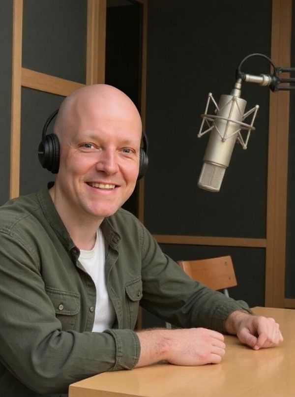 A man with a bald head and headphones smiles while sitting at a table in a recording studio.