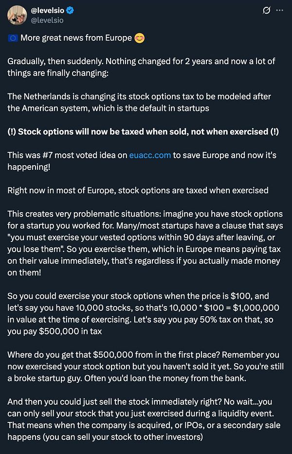 A tweet discussing the Netherlands' new tax policy on stock options.