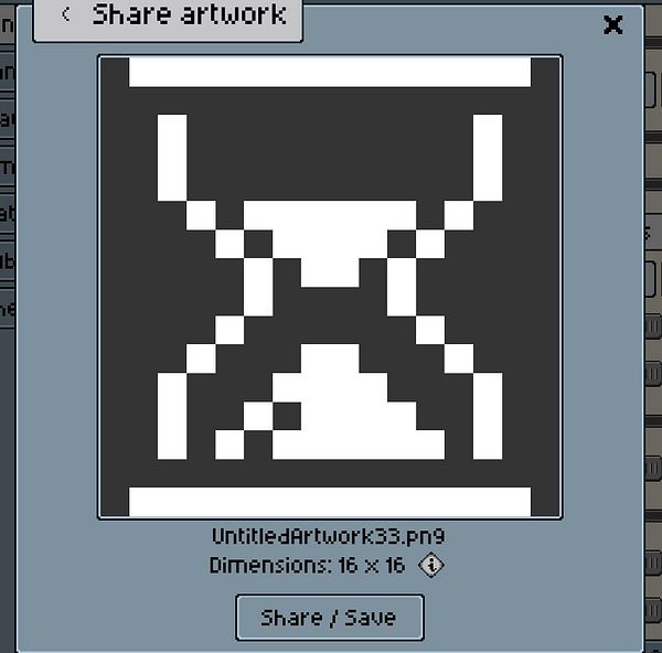 A pixel art representation of an hourglass displayed in a sharing interface.