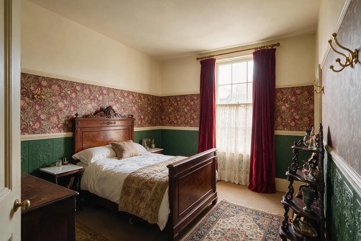 A Victorian-style master bedroom with a carved dark wood bed, floral wallpaper, green wainscoting, and burgundy velvet curtains framing a bright window. The room includes antique-style furnishings, a patterned rug, and brass wall hooks, creating a traditional period atmosphere.