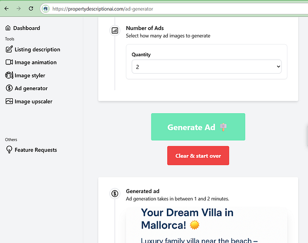 The image displays a user interface for an ad generation tool on a property description website.