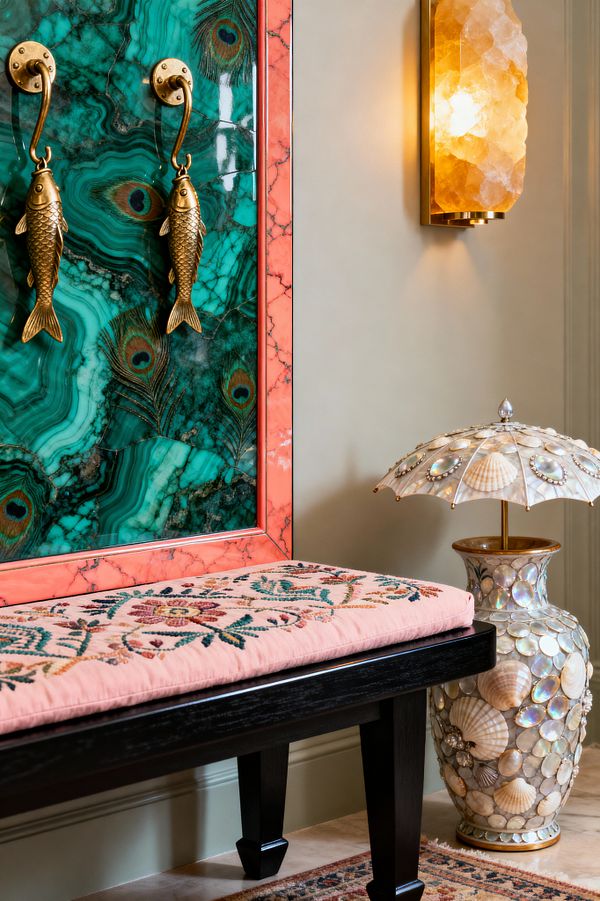 A maximalist mudroom detail shows a glossy green malachite panel framed with coral-pink marble and fitted with two brass fish hooks above a dark wood bench. A blush embroidered cushion tops the seat, while a shell and mother-of-pearl mosaic table lamp and a warm brass-and-alabaster wall sconce cast a golden glow against soft greige walls and a patterned runner.