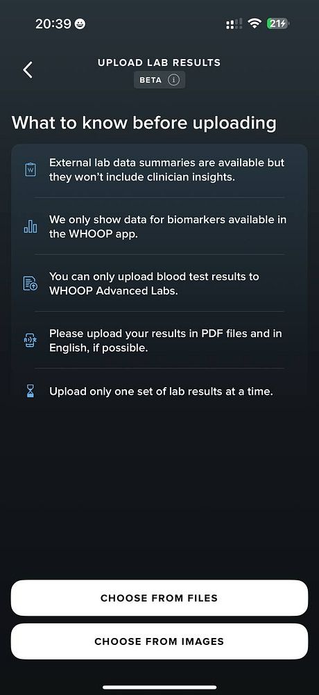 The image displays a mobile app interface for uploading lab results to Whoop Biomarkers Beta.