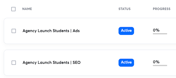 The image displays a task management interface with two active tasks related to agency launch students.