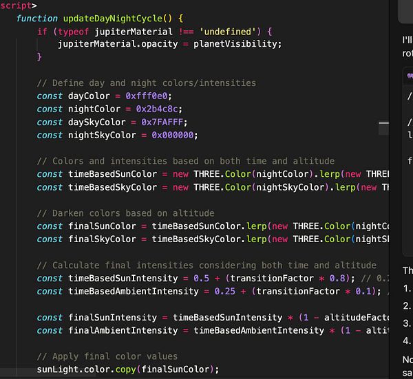 The image displays a code snippet for updating a day-night cycle in a programming environment.