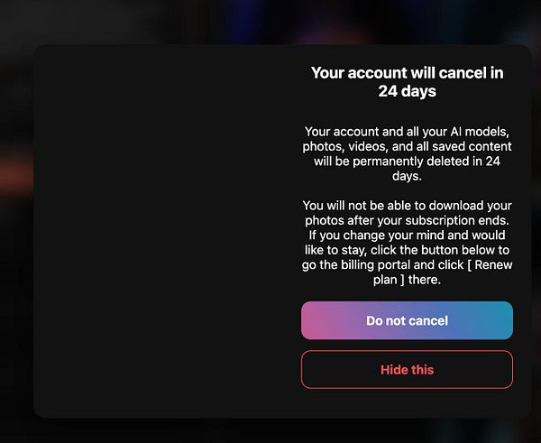 A cancellation modal informing the user about their account status and options.