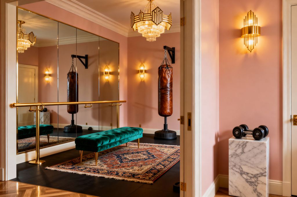 A blush-pink home gym features floor-to-ceiling mirrored panels with a polished brass ballet barre, an emerald tufted velvet bench, and a Persian-style rug layered over black rubber flooring. Art Deco crystal chandelier and matching brass sconces cast warm light on a cognac leather punching bag, while a white marble pedestal holds dumbbells near a doorway trimmed in cream molding.