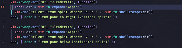 Terminal window using tmux showing multiple panes with shell command prompt and commands.