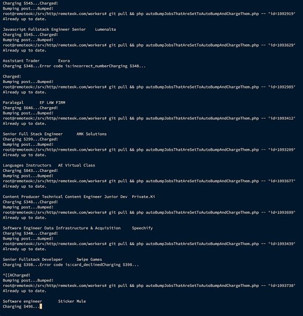 The image displays a terminal interface showing job post charging logs during a server migration.