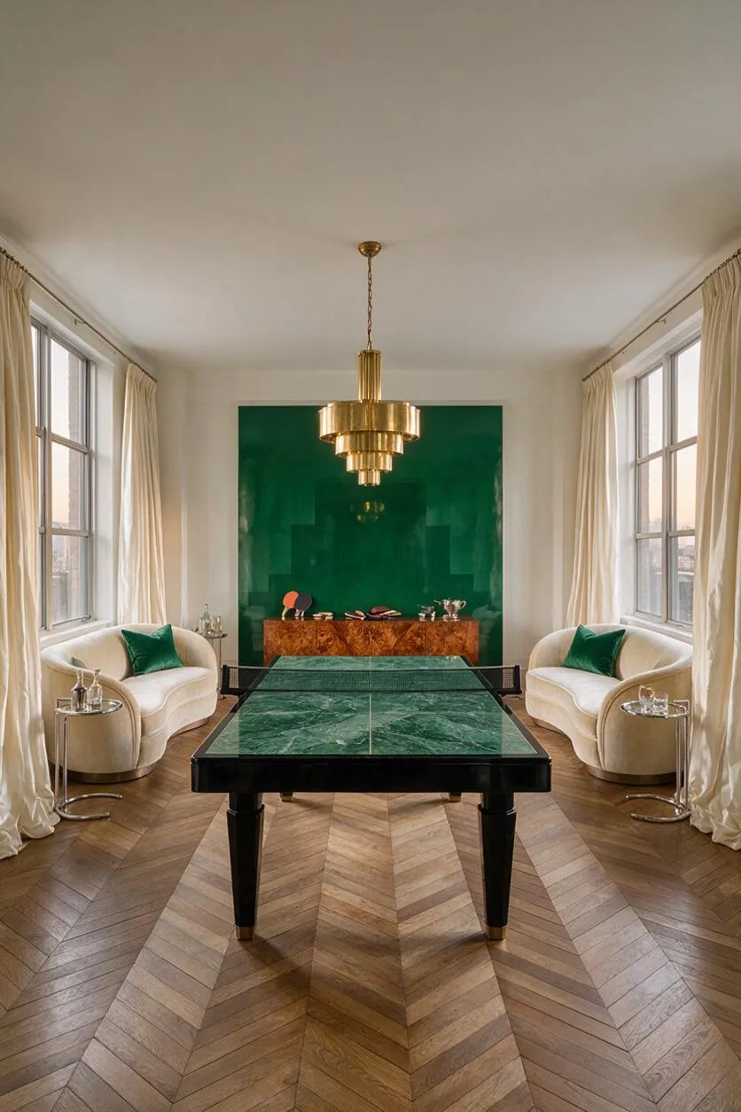 A refined Art Deco game room with a green marble-top ping-pong table centered on a herringbone wood floor. Cream curved sofas, small chrome side tables, long ivory drapes, and a tiered brass pendant light frame a glossy emerald feature wall and a burl wood cabinet at the back.