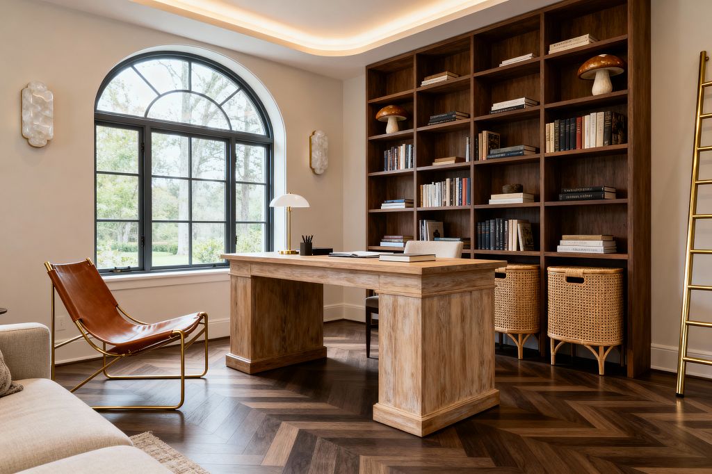 A serene home office features a light oak pedestal desk set before a full wall of walnut built-in shelves. To the left, a black metal arched window overlooks greenery. The room includes dark herringbone wood floors, a cognac leather sling chair with a brass frame, and a neutral upholstered desk chair. Warm cove lighting and two alabaster sconces illuminate the space, with a white dome desk lamp on a brass base and rattan baskets on the lower shelves.