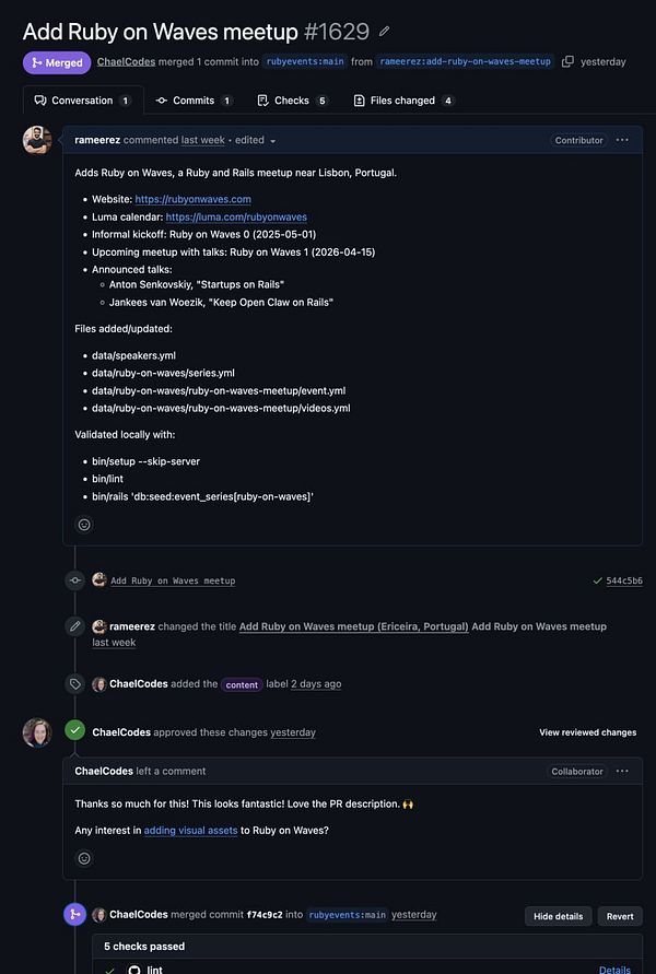 Screenshot of the RubyEvents.org admin panel with 'Ruby on Waves' event listing eligible to be added.
