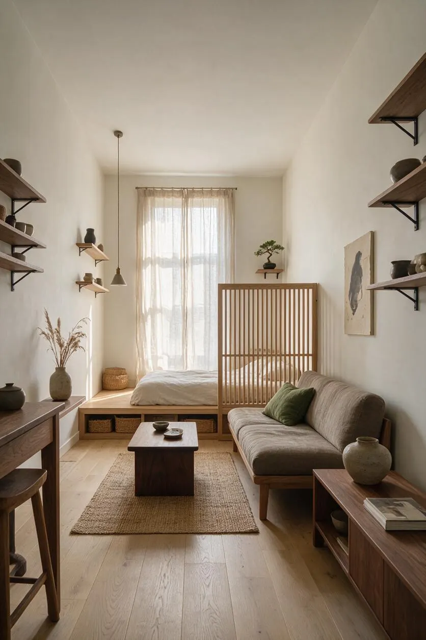 A narrow studio apartment styled in Japandi design, featuring a low platform bed near a bright window, a gray sofa with a green accent pillow, and a wooden slat divider separating the sleeping area from the living space. Floating wall shelves, natural wood furniture, a woven rug, and neutral ceramics create a calm, minimalist atmosphere.